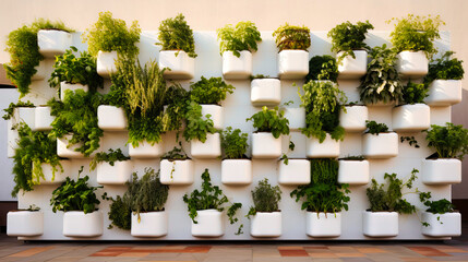 Stark white walls accented by vertical planters filled with herbs