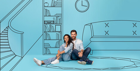 Glad millennial arab and european couple sit on floor, dreams of buy home