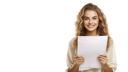woman holding a blank sign, young woman smiling and holding documents on white background with space for text