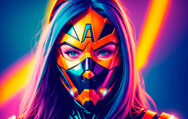 Portrait of a handsome young woman in superhero costume and wearing a mask