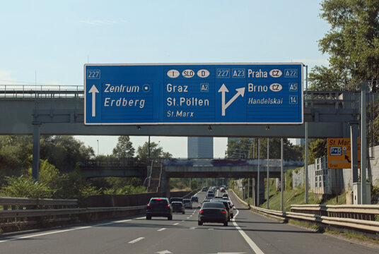 Road signs in Austria to reach the border and various European place names