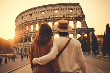 Travel, vacation, romance concept. Young couple traveling and walking in Rome, Italy. Colosseum in background. Man and woman view from behind. Summer background. Generative AI