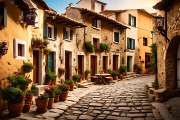 A picturesque traditional village square, with cobblestone pathways leading to charming homes and cozy cafes 