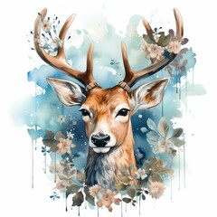 Portrait of a deer with flowers watercolor illustration clipart by hand on white background.
