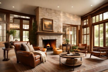 A cozy traditional fireplace, its flickering flames casting a warm and inviting glow across the living room 