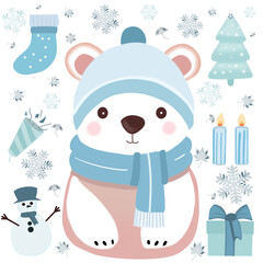 Christmas icon collection set. Consists of a blue pastel cute bear and winter items on a white background. Vector illustration drawings.