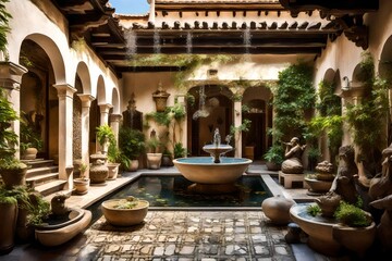 Fototapeta na wymiar A tranquil courtyard within a traditional home, adorned with ornate fountains and delicate sculptures 