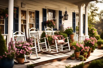 A classic front porch of a traditional house, adorned with rocking chairs and blooming potted plants 
