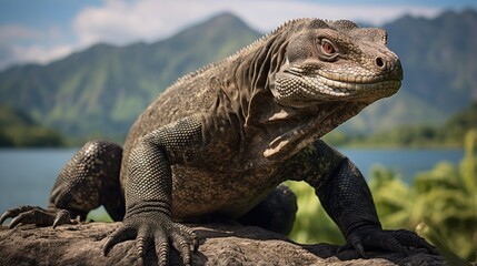 Fototapeta premium A breathtaking shot of a Komodo Dragon his natural habitat, showcasing his majestic beauty and strength.