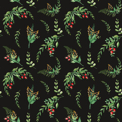 Seamless watercolor pattern with black branches, yellow wildflowers and red berries on black background. Botanical summer hand drawn illustration. Can be used for gift wrapping paper, kitchen textile