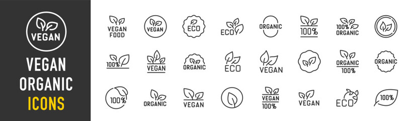 Vegan and Organic web icons in line style. Eco, healthy food, badges, audio, organic food, collection. Vector illustration.
