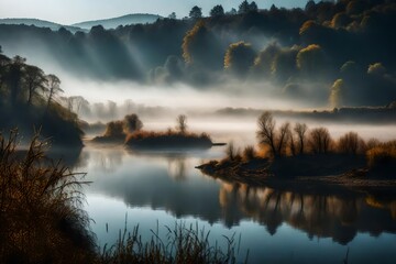 A misty morning on a serene riverbank, where distant hills are gently embraced by ethereal fog 