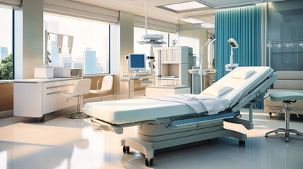 Clean examination rooms with white-topped adjustable beds, - obrazy, fototapety, plakaty