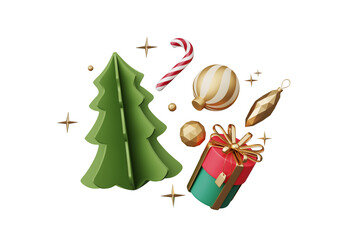 3D render Christmas ornament elements decoration isolated on transparent background, Xmas icons including of gift box, Christmas ball, gold confetti, and golden star, design for greeting card.