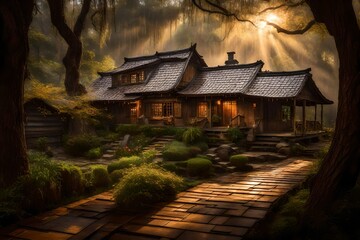 Fototapeta premium A rain-kissed traditional home, its wooden shingles glistening in the soft, post-rain sunlight 