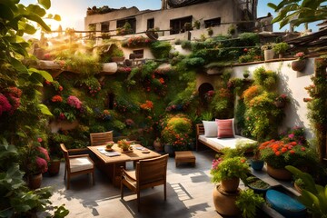 A glimpse of a traditional home's rooftop garden, a hidden oasis adorned with vibrant flowers and lush greenery 