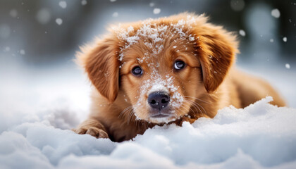 Cute dog puppy lying in the snow. Blurry winter background.