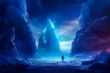 Mysterious iceburg, anxious dark fantasy concept illustration. A man is standing on an icy world somewhere on earth. A huge ice castle or iceberg. Made with Generative AI - obrazy, fototapety, plakaty