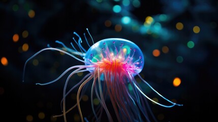 A neon plankton floating in the water with bright lights in the background. Generative AI.