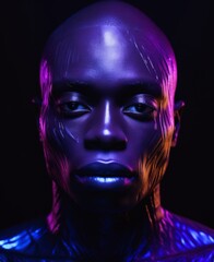 A mysterious and bold portrait of a beautiful person with neon purple skin, smoky violet lips, and a dark yet captivating presence