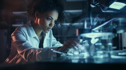 Fototapeta na wymiar Science, Tablet And Black Woman In Laboratory For Experiment, Pharma Innovation