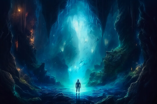 Abandoned cave in deep sea, anxious dark fantasy concept illustration. A man stands in a forsaken cave in deep water or at the end of the sea. Made with Generative AI