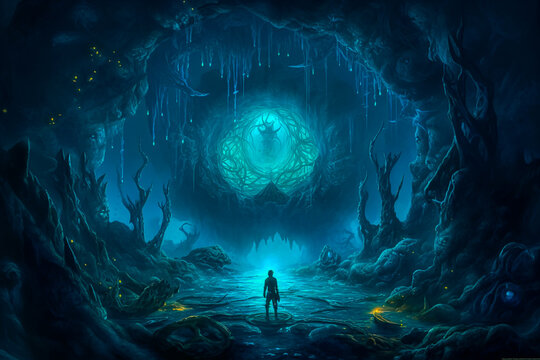 Abandoned cave in deep sea, anxious dark fantasy concept illustration. A man stands in a forsaken cave in deep water or at the end of the sea. Made with Generative AI