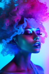 Fototapeta premium This vibrant portrait of a beautiful woman with bold neon-colored hair and magenta smoke floating around her captures the essence of modern art