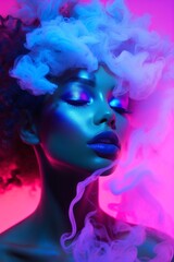 A bold, beautiful portrait of a woman with a wild mix of neon colors and magenta smoke in her hair captures the vibrant essence of art and evokes an intense feeling of freedom