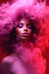 A bold and beautiful woman stands out in a vibrant pink neon haze, her hairpiece and clothing adorning her portrait with striking ringlets of smoke