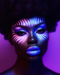 This vibrant portrait of a bold and beautiful woman adorned with neon makeup and smokey clothing evokes a sense of artistry and confidence