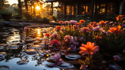 Block print garden, koi pond surrounded by flowers, sunrise, 4K, taken with a GoPro, using fisheye lens with diffused lighting .