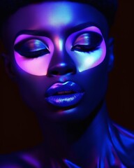 A bold and beautiful portrait of a woman with neon makeup and purple lipstick, highlighted by a dramatic smokey eye, captures the vibrant and artful fashion of modern times