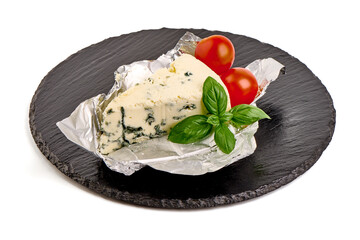 Blue cheese triangle, isolated on white background.