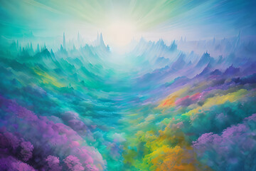 Fototapeta na wymiar Bright and abstract illustration of mountains and trees in pink and blue colors, generative ai