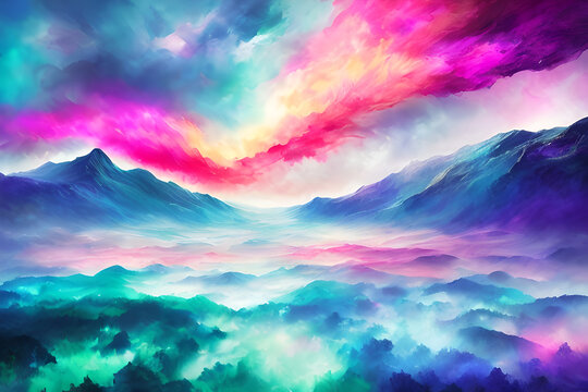 Bright and abstract illustration of mountains and trees in pink and blue colors, generative ai