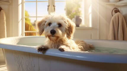 Illustration of a dog sitting in a bathtub in a bathroom