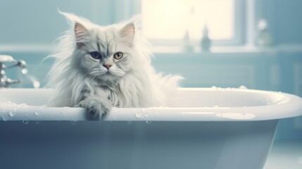 Illustration of a white cat sitting in a bathtub
