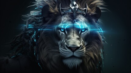 Illustration of a majestic lion with striking blue eyes - obrazy, fototapety, plakaty