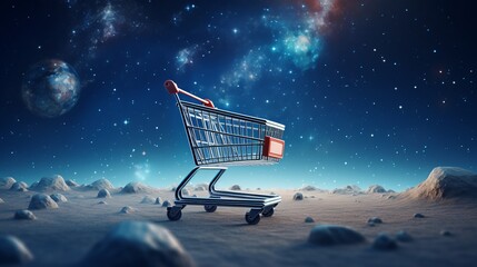 Illustration of a shopping cart on the cosmic space background - obrazy, fototapety, plakaty
