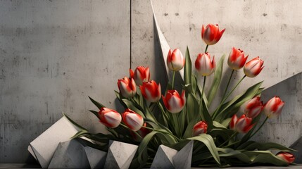 Illustration of a abstract composition of concrete props and tulips flowers