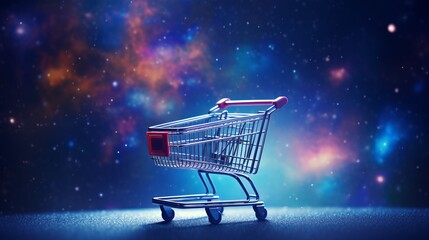 Illustration of a shopping cart on the cosmic space background