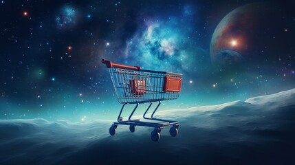 Illustration of a levitating shopping cart with a celestial backdrop - obrazy, fototapety, plakaty