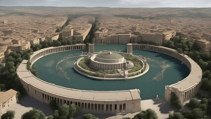 view from the above an Italian style city with a small Colosseum surrounded by water