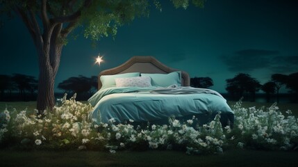 Illustration of a bed in the middle of a beautiful green field