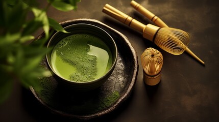 Illustration of a cup of matcha tea and a bamboo whisk