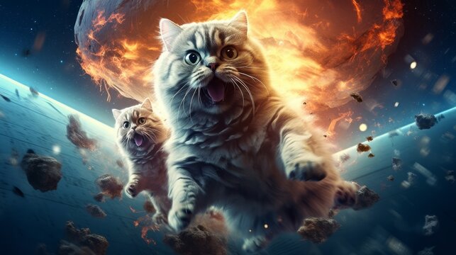 Illustration of a two cats running away from in of a fireball