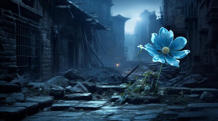Illustration of a beautiful blue flower blooming amidst the ruins