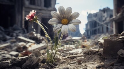 Illustration of a beautiful flower blooming in the soil amidst the ruins