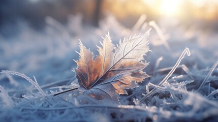 Illustration of a lone frost-covered leaf in a vast wintry field